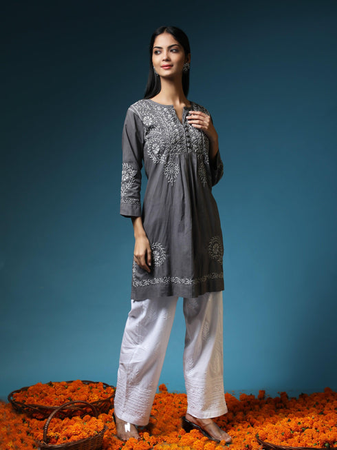 Rijuta in HOK Chikankari Short Tunic for Women -Grey